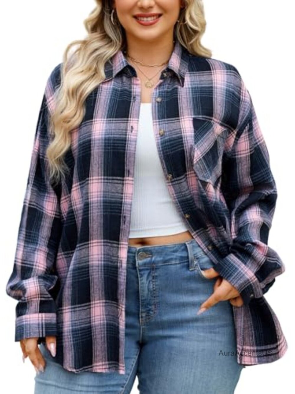 Women's Plus Size Plaid Flannel Button Down Shirt Long Sleeve Cotton Blend